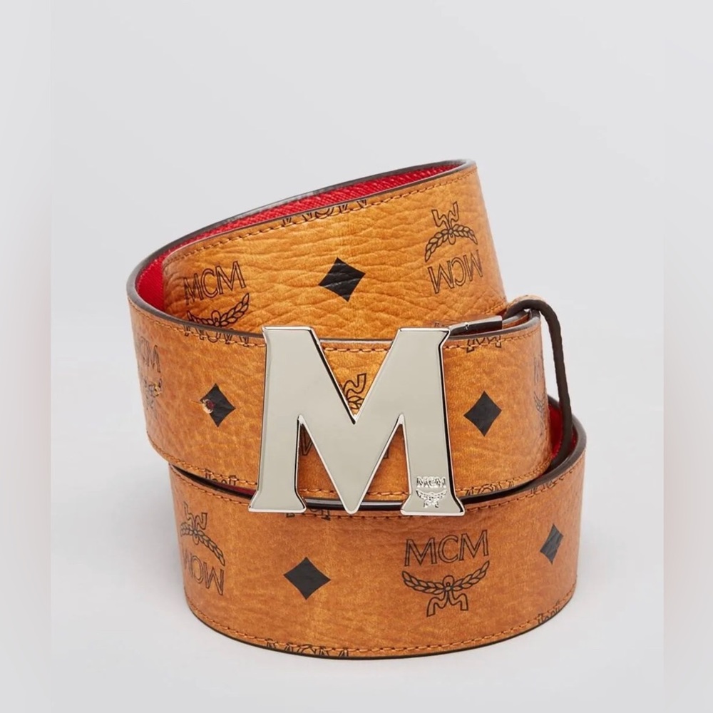 MCM Men Visetos Reversible Leather Belt Logo M Buckle Brown/Red Size 36-38 $350